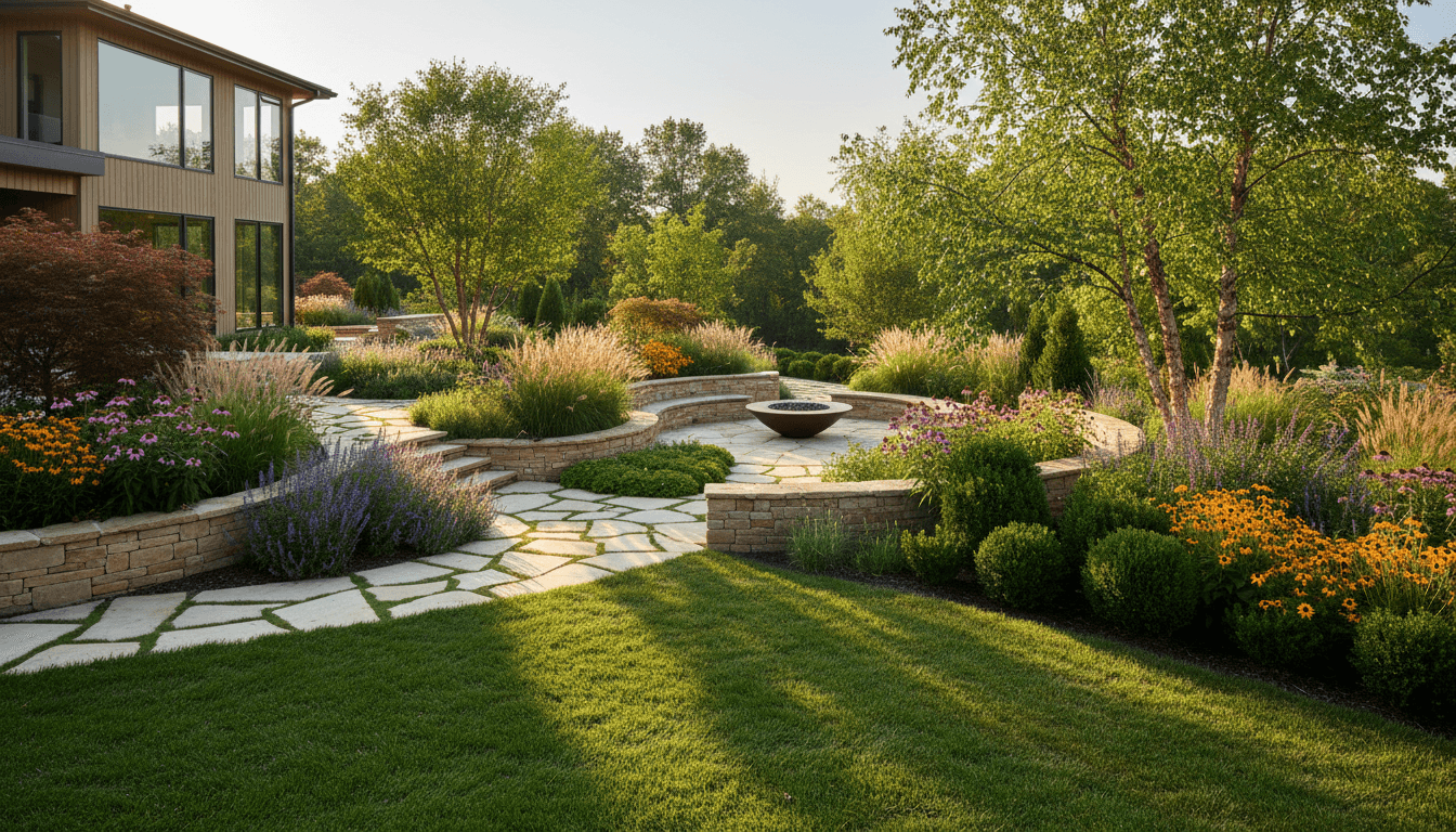 Professionally designed residential backyard with curved pathways, layered plantings, and mature shade trees