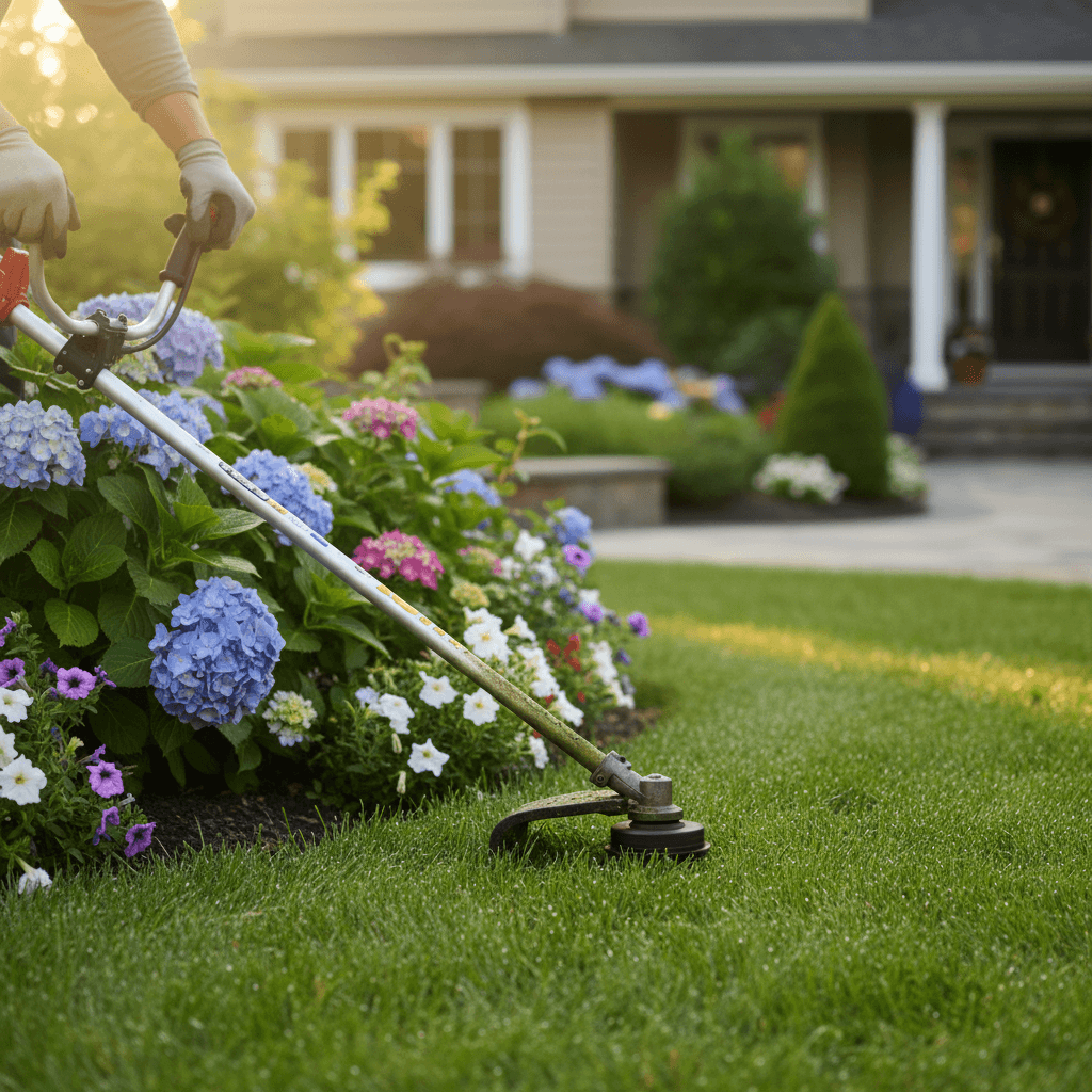 Professional landscaper's hands using string trimmer along garden border with lush green grass and flowering shrubs