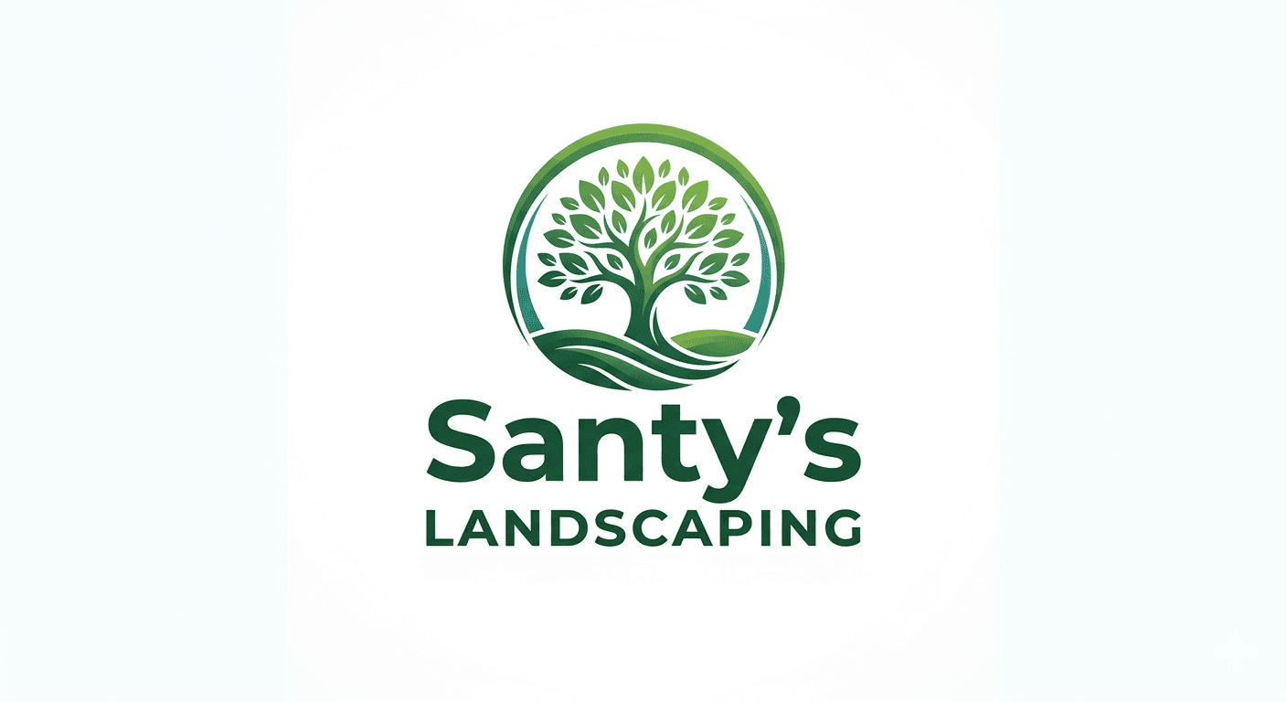 Santy's Landscaping logo featuring a stylized green tree inside a circle above dark green text.